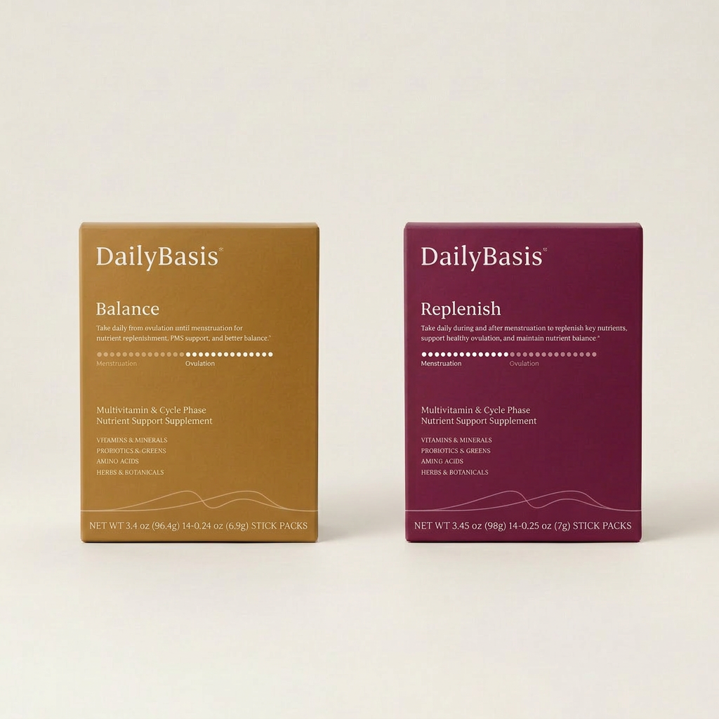 DailyBasis Cycle Routine Balance and Replenish supplement boxes side by side on a neutral background